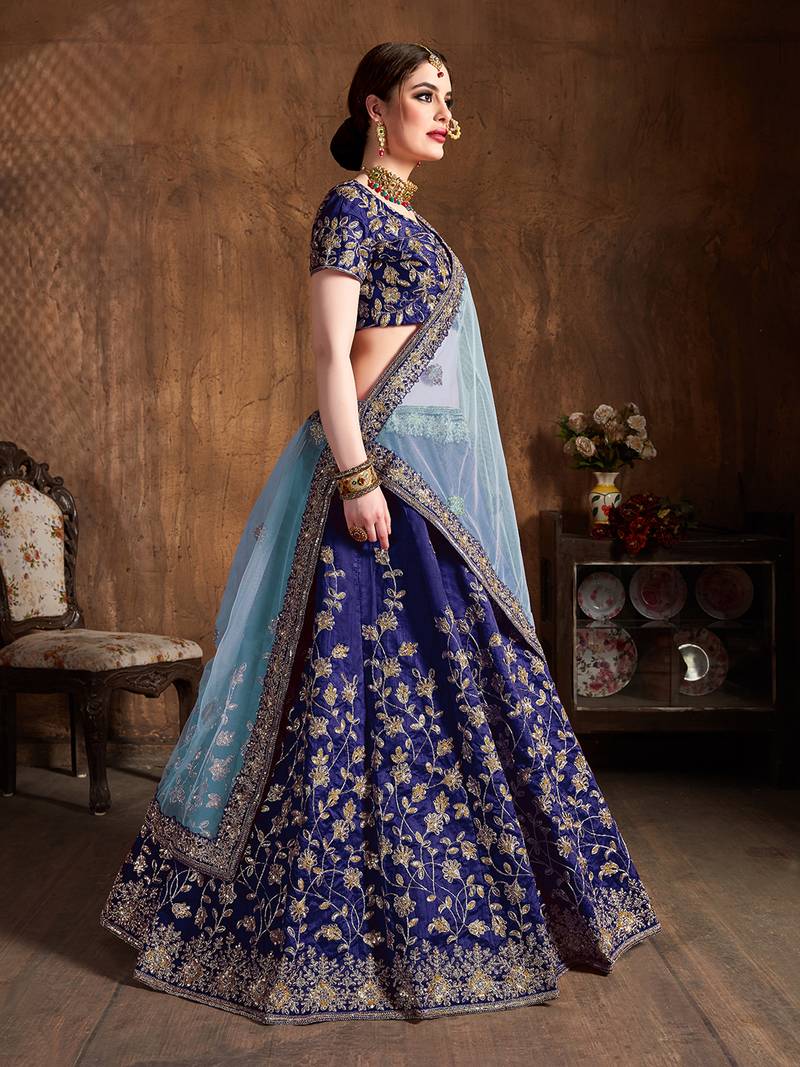 Navy Blue Embroidered Silk Semi Stitched Wedding Bridal Heavy Lehenga Choli For Women