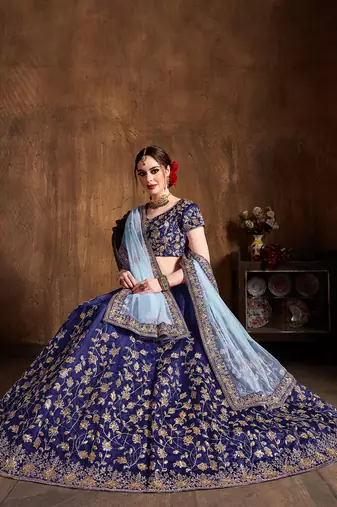 navy blue embroidered silk wedding bridal heavy lehenga set choli with dupatta for women