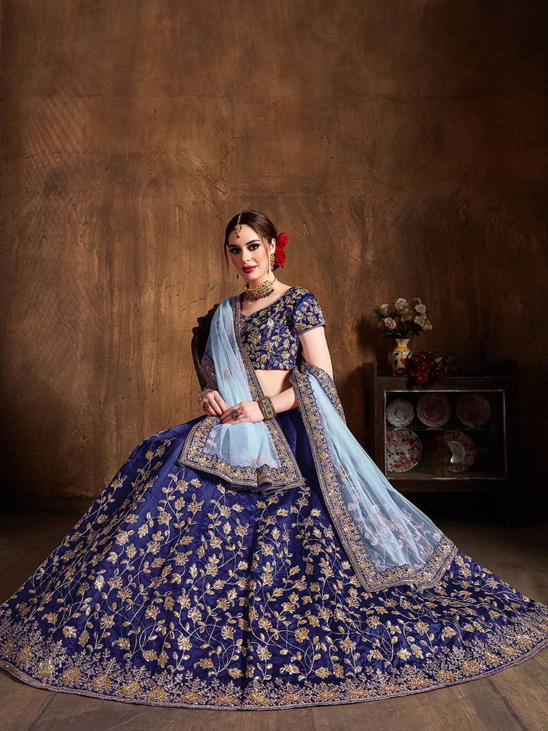 Navy Blue Embroidered Silk Semi Stitched Wedding Bridal Heavy Lehenga Choli For Women