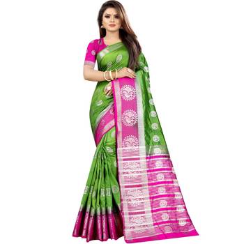 Green woven art silk saree with blouse 1