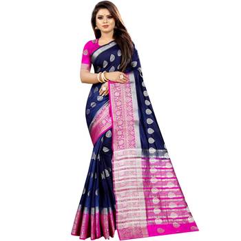 Blue woven art silk saree with blouse 1