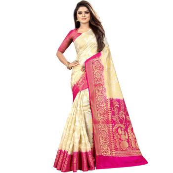 Cream woven art silk saree with blouse 1