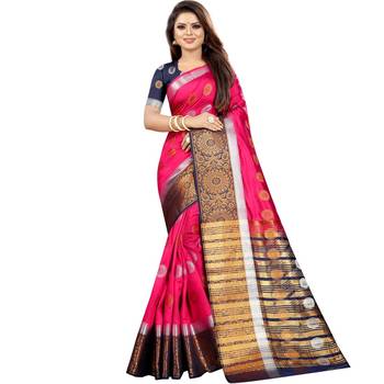 Pink woven art silk saree with blouse 1