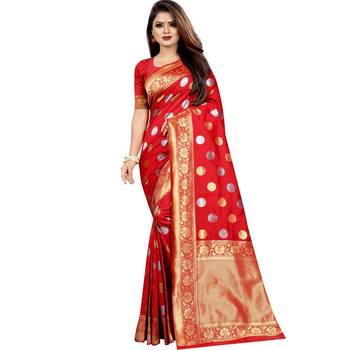Red woven art silk saree with blouse 1