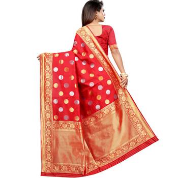 Red woven art silk saree with blouse 2