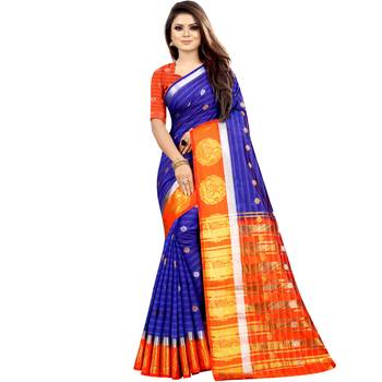 Blue woven art silk saree with blouse 1