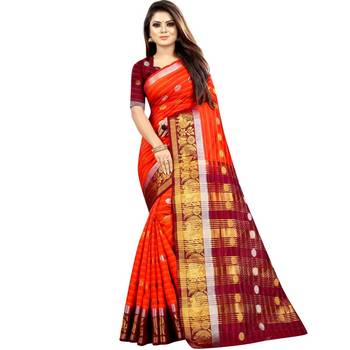 Orange woven art silk saree with blouse 1
