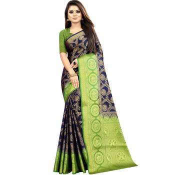 Dark blue woven art silk saree with blouse 1