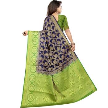 Dark blue woven art silk saree with blouse 2