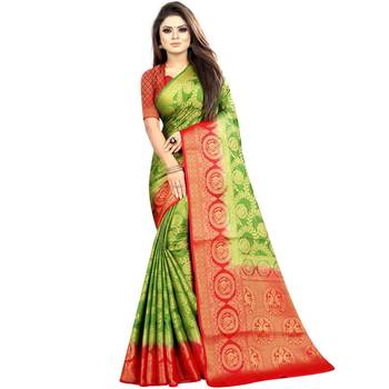 Dark green woven art silk saree with blouse 1