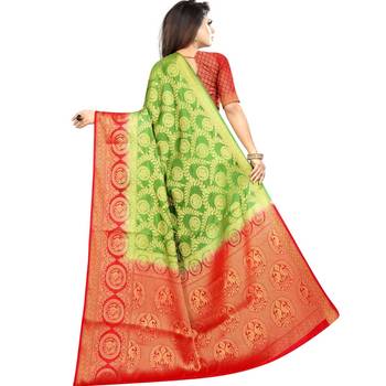 Dark green woven art silk saree with blouse 2