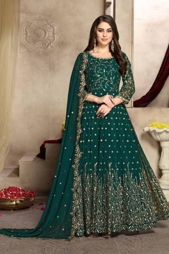 Teal embroidered georgette salwar