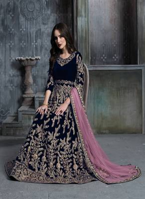 Dark-blue embroidered velvet salwar Kameez 2