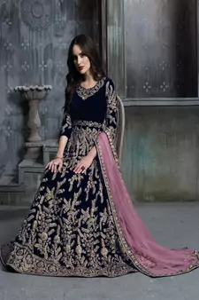 Dark-blue embroidered velvet salwar Kameez