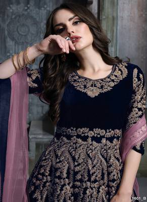Dark-blue embroidered velvet salwar Kameez 3