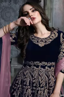 Dark-blue embroidered velvet salwar Kameez