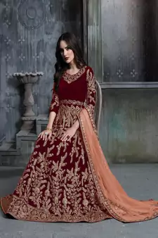 Red embroidered velvet salwar Kameez