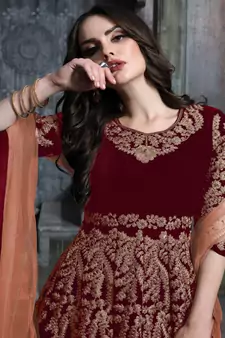 Red embroidered velvet salwar Kameez
