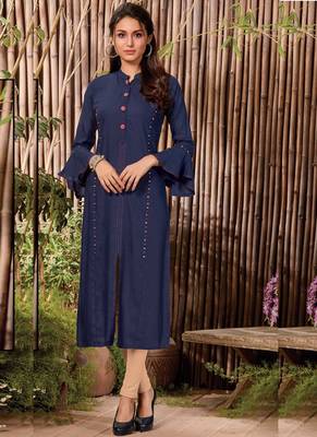 Blue Rayon Hand Woven Long Kurtis 1