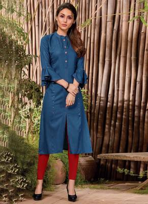 Dark Teal Rayon Hand Woven Long Kurtis 1