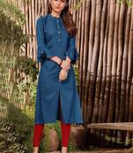 Dark Teal Rayon Hand Woven Long Kurtis