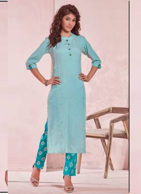 Sky Blue Rayon Plain Kurtas And Kurtis 1