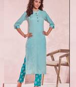 Sky Blue Rayon Plain Kurtas And Kurtis