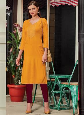 Yellow Rayon Embroidered Long Kurtis 1