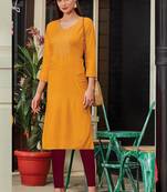 Yellow Rayon Embroidered Long Kurtis