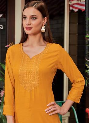 Yellow Rayon Embroidered Long Kurtis 2
