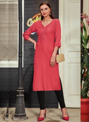 Dark Peach Rayon Embroidered Long Kurtis 1