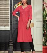 Dark Peach Rayon Embroidered Long Kurtis