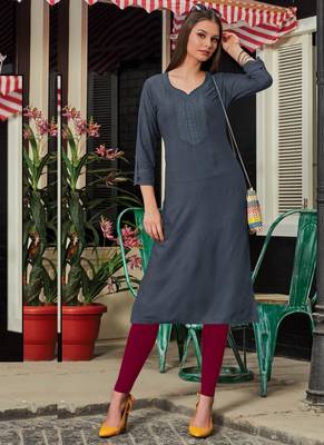 Grey Rayon Embroidered Long Kurtis 1