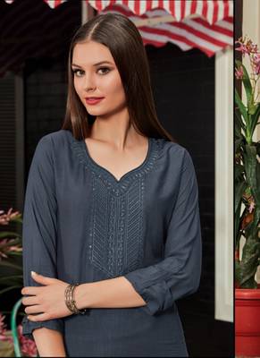Grey Rayon Embroidered Long Kurtis 2