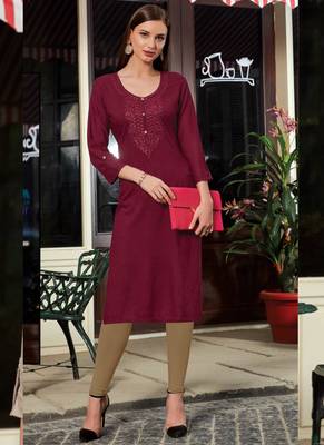 Dark Maroon Rayon Embroidered Long Kurtis 1