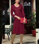 Dark Maroon Rayon Embroidered Long Kurtis