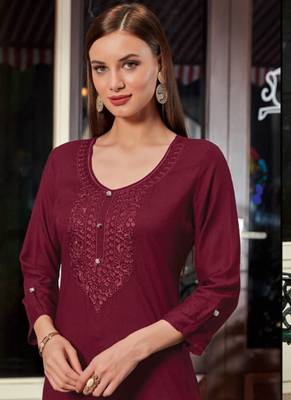 Dark Maroon Rayon Embroidered Long Kurtis 2