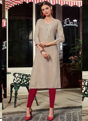 Beige Rayon Embroidered Long Kurtis 1