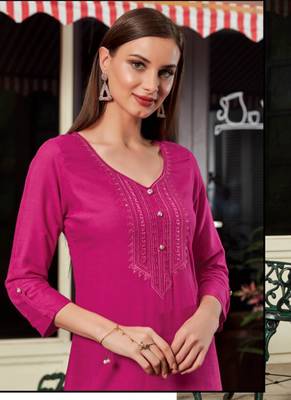 Rani Pink Rayon Embroidered Long Kurtis 2
