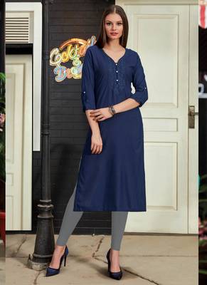 Navy Blue Rayon Embroidered Long Kurtis 1