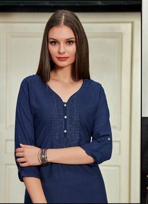 Navy Blue Rayon Embroidered Long Kurtis 2