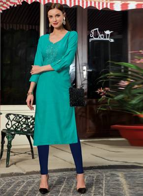 Dark Turquoise Rayon Embroidered Long Kurtis 1