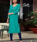 Dark Turquoise Rayon Embroidered Long Kurtis