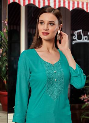 Dark Turquoise Rayon Embroidered Long Kurtis 2
