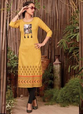 Yellow Rayon Printed Long Kurtis 1