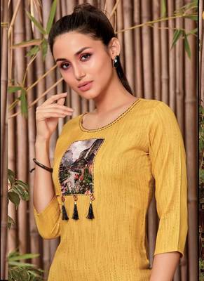 Yellow Rayon Printed Long Kurtis 2