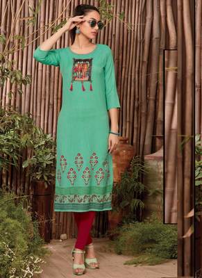 Dark Turquoise Rayon Printed Long Kurtis 1