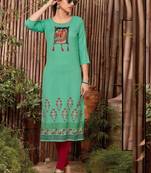 Dark Turquoise Rayon Printed Long Kurtis