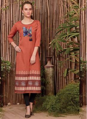 Dark Orange Rayon Printed Long Kurtis 1