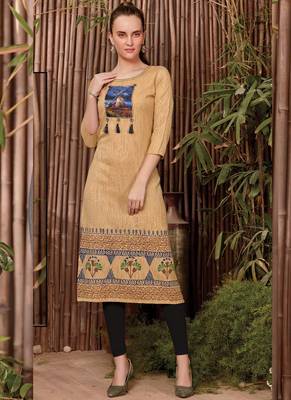 Light Yellow Rayon Printed Long Kurtis 1